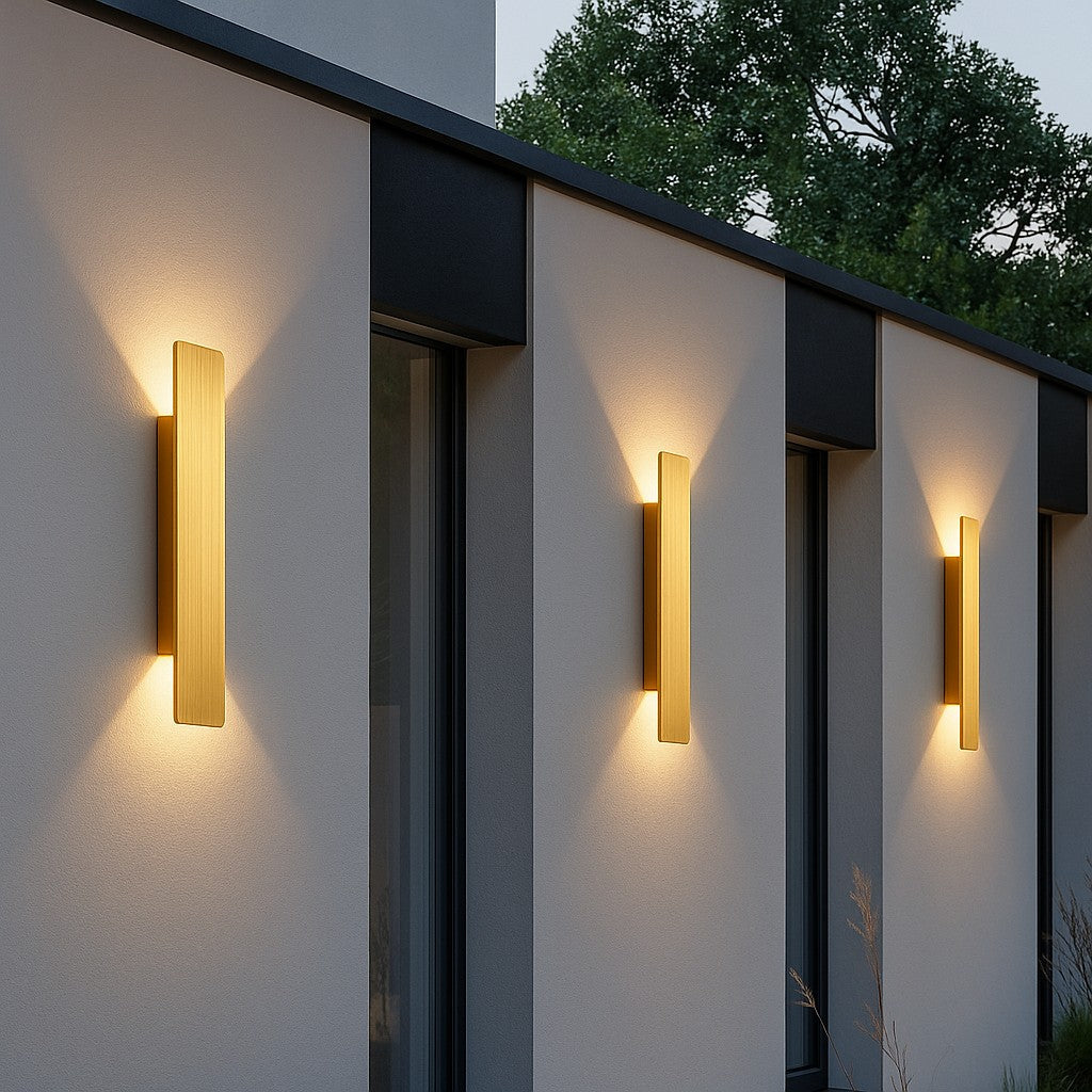 Weatherproof Aluminum Sconce with Dual-Beam LED Lighting for Patios, Entryways & Deck Walls — Gold Metal Exterior Fixture