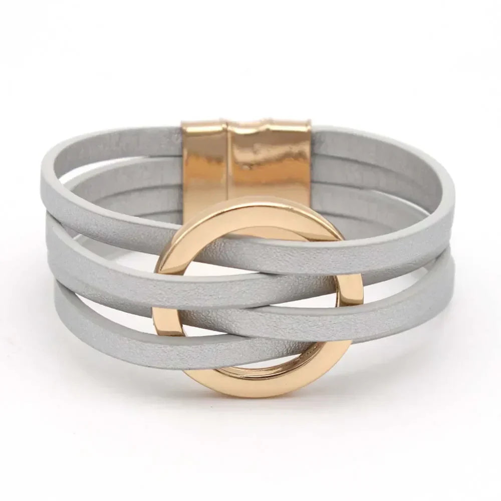 Layered Leather Wrap Bracelet with Magnetic Clasp – Geometric Accent Cuff for Women & Men