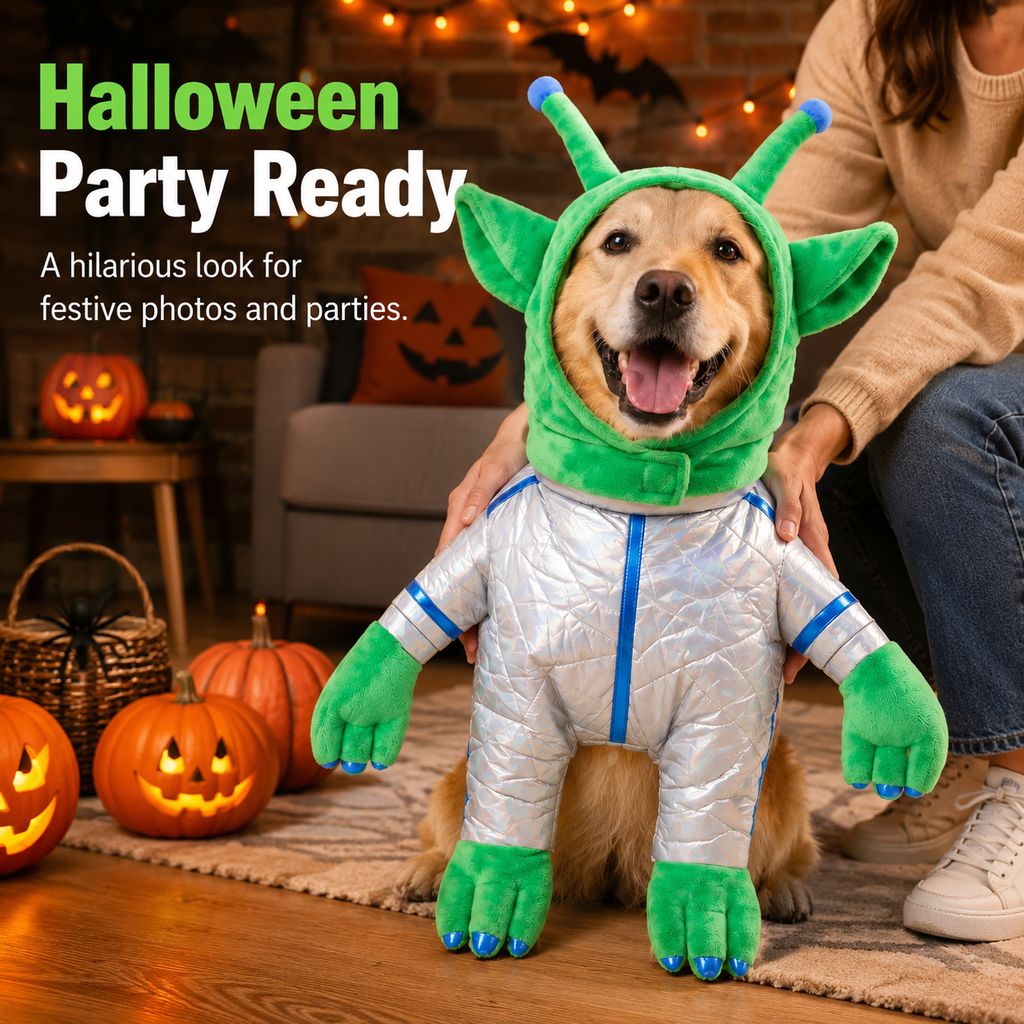 Ortekor Green Alien Pet Costume for Dogs & Cats - Funny Halloween Transformation Outfit for Pet Parties, Photoshoots & Costume Events
