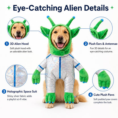 Ortekor Green Alien Pet Costume for Dogs & Cats - Funny Halloween Transformation Outfit for Pet Parties, Photoshoots & Costume Events