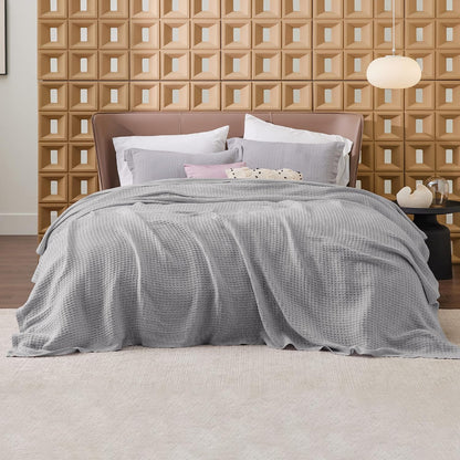 Pure Cotton Thermal Blanket – Queen 90×90 in – Textured Weave Layer for All Seasons – Lightweight & Breathable Throw for Bed or Sofa