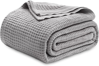 100% Cotton Waffle Weave Throw Blanket Queen King Breathable Lightweight Bed Cover for All Seasons Couch Sofa Bedroom Layering Textured