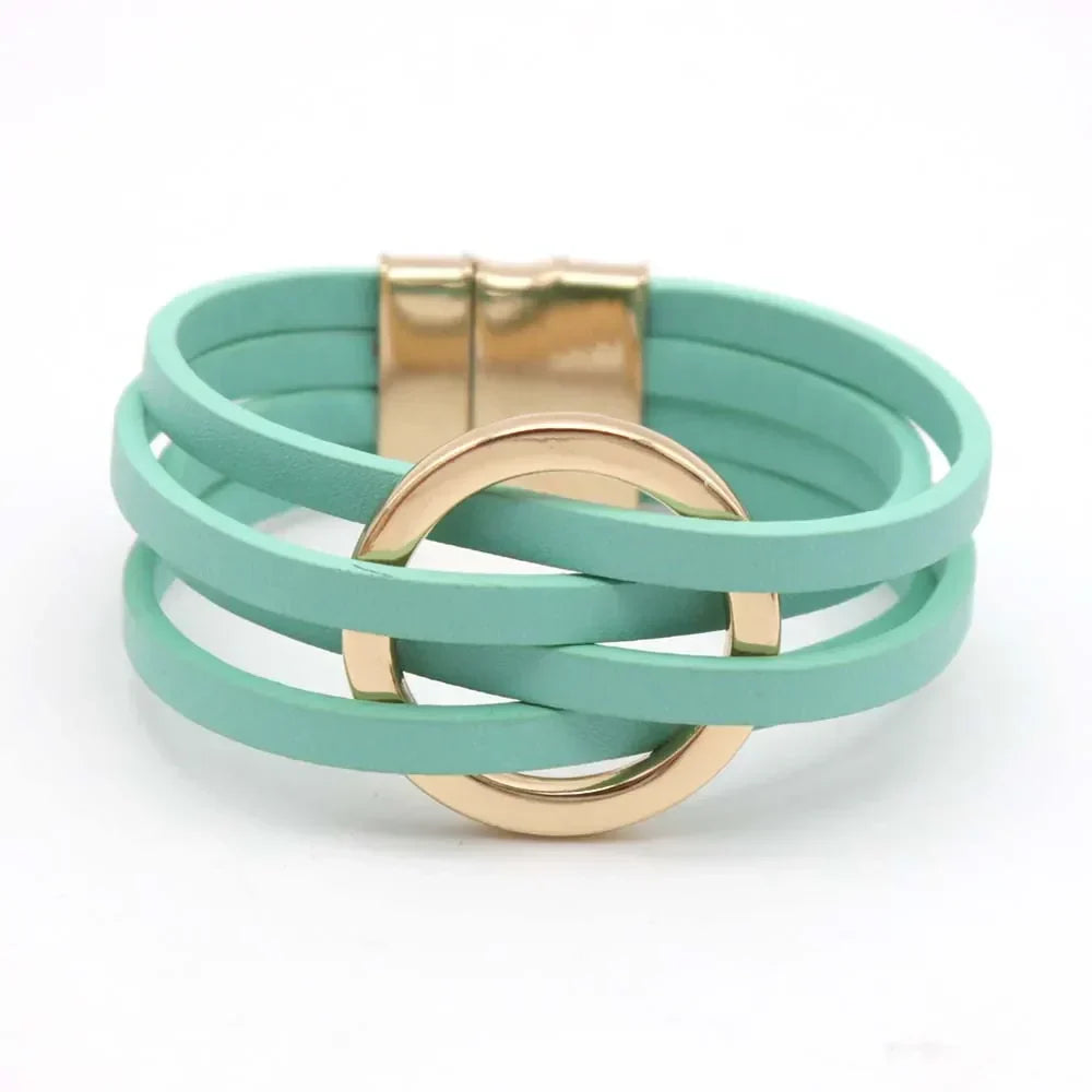 Layered Leather Wrap Bracelet with Magnetic Clasp – Geometric Accent Cuff for Women & Men