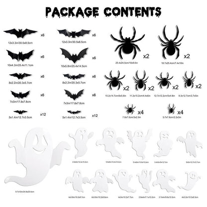Halloween 3D Wall Decor 104 Pack, Halloween Bats Spiders and Ghost Decorations with LED Lights, Halloween Indoor Decor