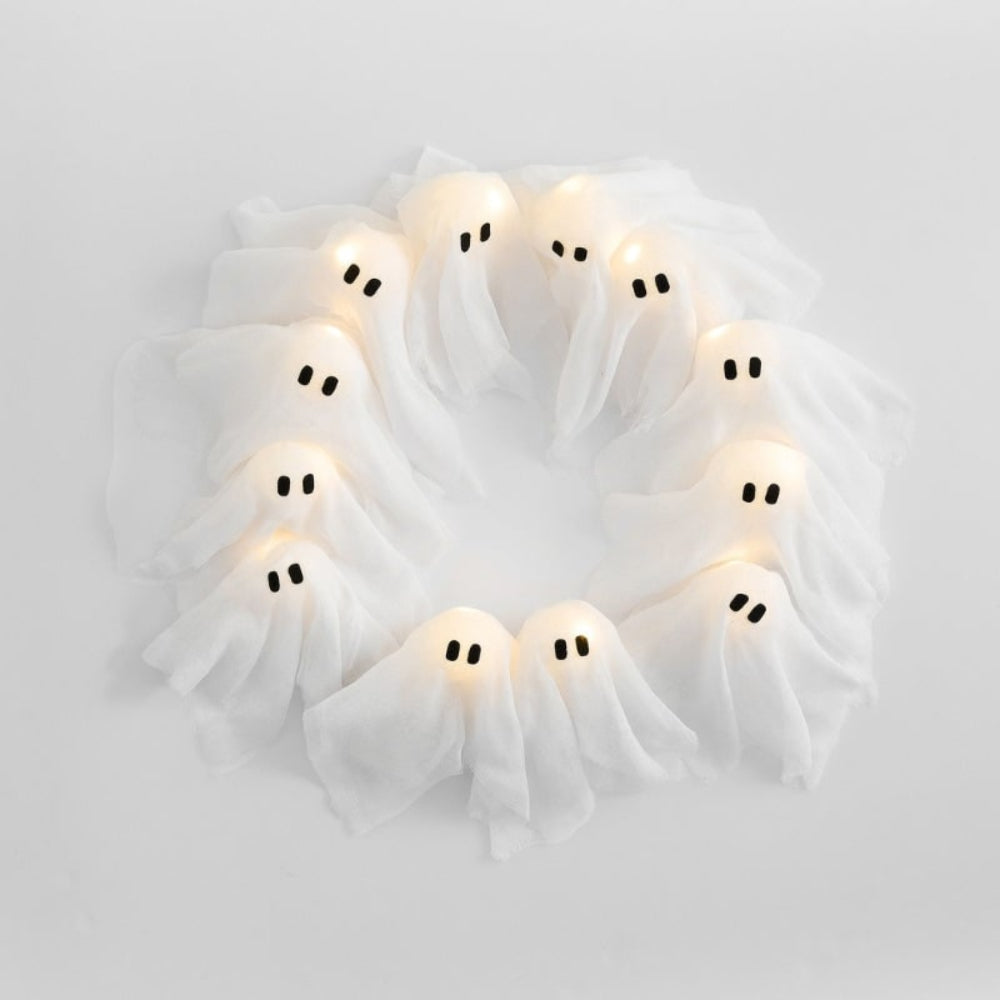 Halloween Wreath with Lights, Ghost Wreath with 12 Battery Operated LED Ghosts, Halloween Front Door Decor, Halloween Window Decor