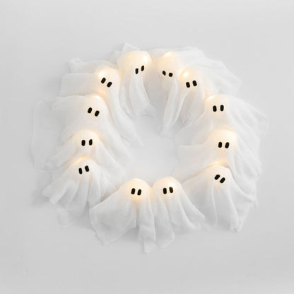 Halloween Wreath with Lights, Ghost Wreath with 12 Battery Operated LED Ghosts, Halloween Front Door Decor, Halloween Window Decor
