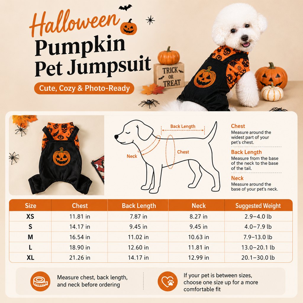 Ortekor Halloween Dog Jumpsuit for Parties & Photos - Soft Pumpkin Pet Costume