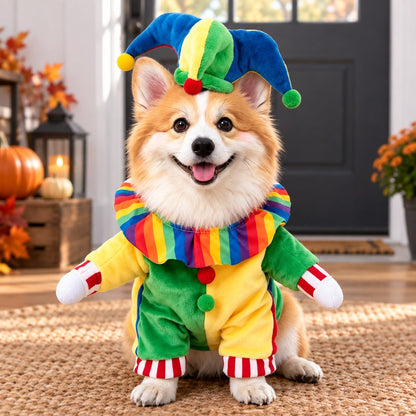 Ortekor Halloween Jester Clown Dog Costume with Hat & Fake Arms - Funny Photo-Ready Pet Outfit for Trick-or-Treat Parties