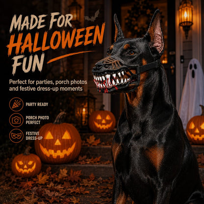 Ortekor Halloween Monster Dog Muzzle Costume - Adjustable Open-Nose Fang Mask for Parties, Photos & Spooky Walks