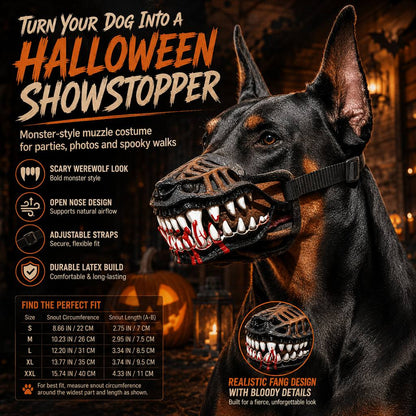 Ortekor Halloween Monster Dog Muzzle Costume - Adjustable Open-Nose Fang Mask for Parties, Photos & Spooky Walks