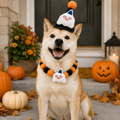 Ortekor Halloween Pet Hat & Pom-Pom Collar Set for Dogs & Cats – Easy 2-Piece Costume for Parties, Trick-or-Treating & Photos
