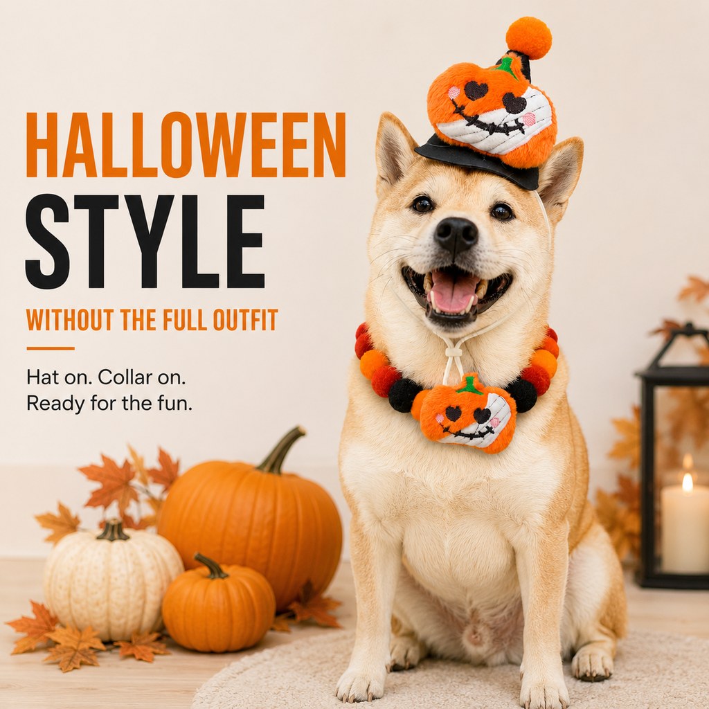 Ortekor Halloween Pet Hat & Pom-Pom Collar Set for Dogs & Cats – Easy 2-Piece Costume for Parties, Trick-or-Treating & Photos