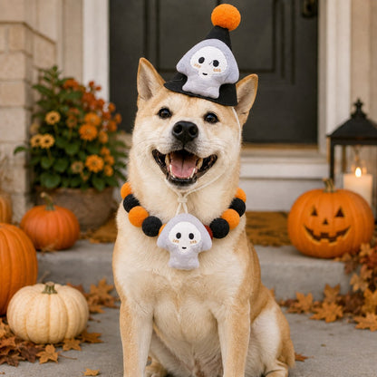 Ortekor Halloween Pet Hat & Pom-Pom Collar Set for Dogs & Cats – Easy 2-Piece Costume for Parties, Trick-or-Treating & Photos