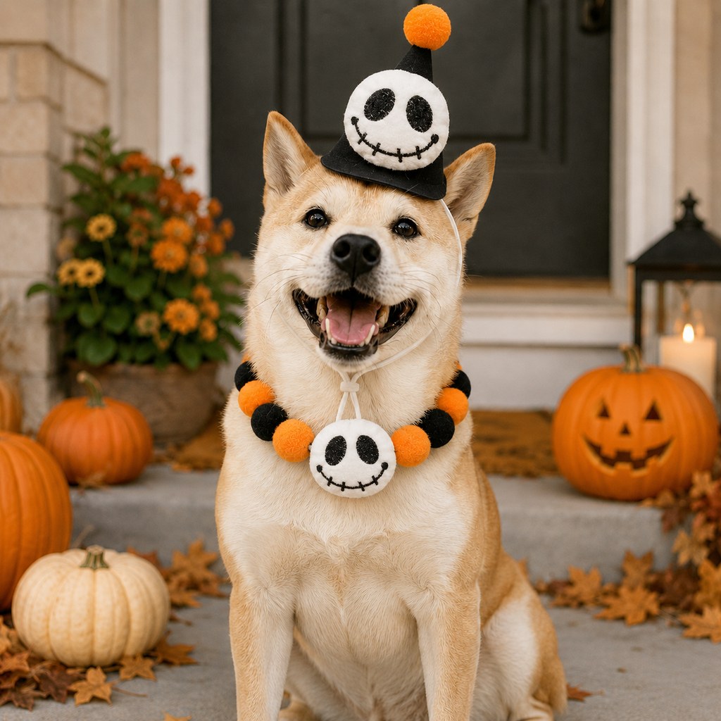 Ortekor Halloween Pet Hat & Pom-Pom Collar Set for Dogs & Cats – Easy 2-Piece Costume for Parties, Trick-or-Treating & Photos