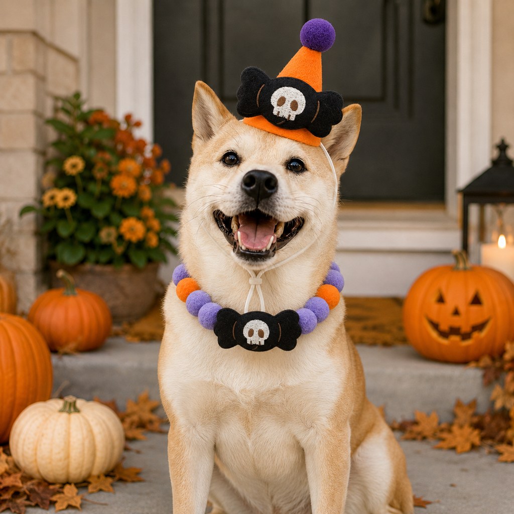 Ortekor Halloween Pet Hat & Pom-Pom Collar Set for Dogs & Cats – Easy 2-Piece Costume for Parties, Trick-or-Treating & Photos