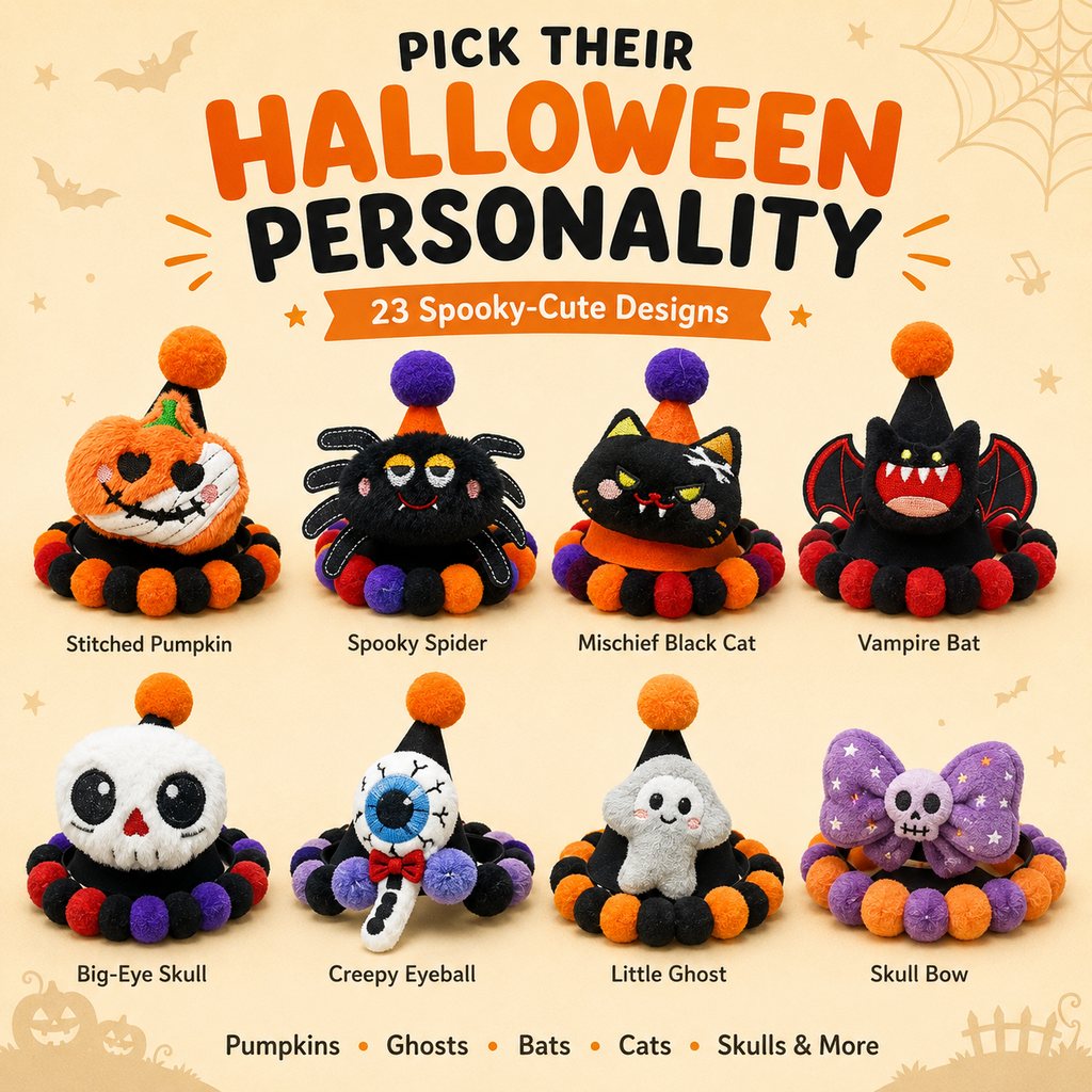 Ortekor Halloween Pet Hat & Pom-Pom Collar Set for Dogs & Cats – Easy 2-Piece Costume for Parties, Trick-or-Treating & Photos