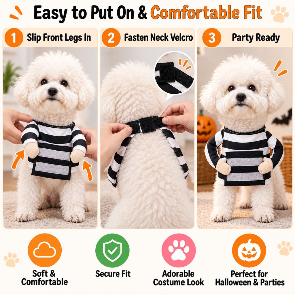 Halloween Prisoner Dog Costume - Funny Black & White Striped Pet Outfit with Front-Leg Sleeves for Halloween Parties & Photos