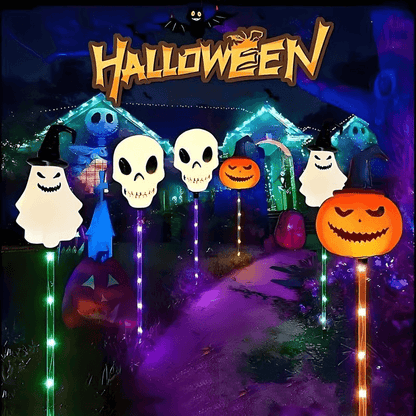 Halloween Outdoor Solar Lights 6 Pack, Solar Pathway Lights with Pumpkin Ghost and Skull Stakes, Outdoor Halloween Decor