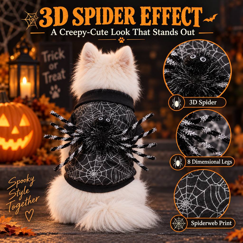 Ortekor Halloween Spider Web Dog Costume with 3D Spider - Easy Two-Leg Pet Outfit for Trick-or-Treat, Parties & Photos