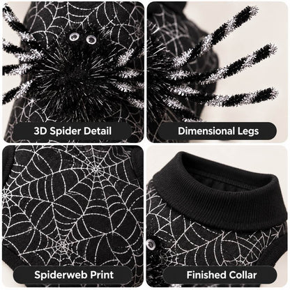 Ortekor Halloween Spider Web Dog Costume with 3D Spider - Easy Two-Leg Pet Outfit for Trick-or-Treat, Parties & Photos