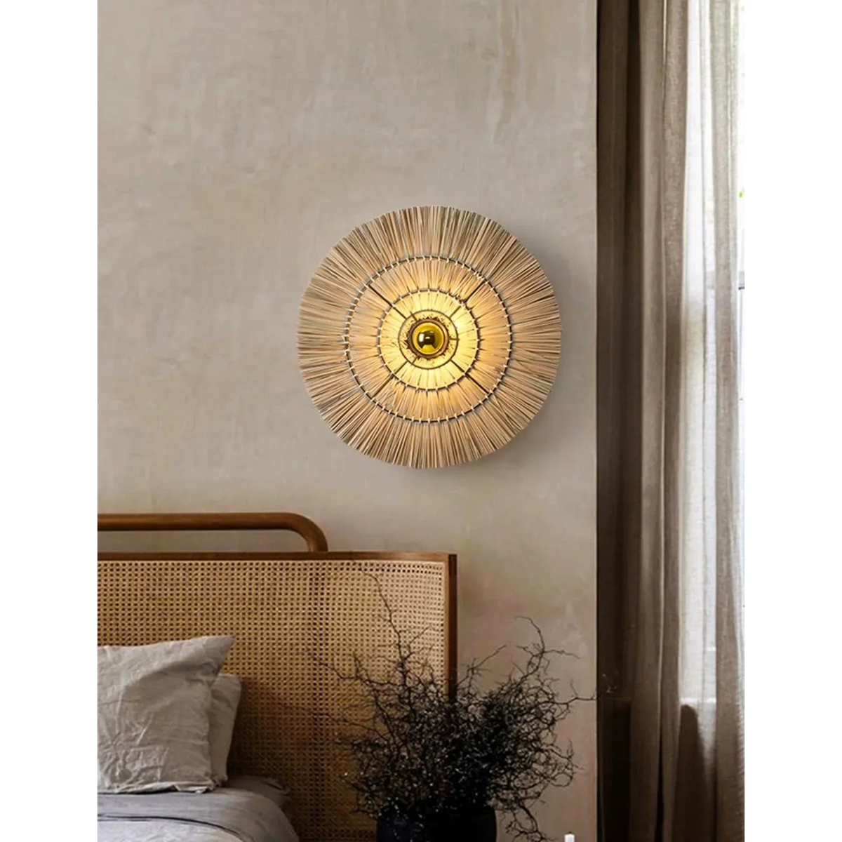 Handwoven Woven Sconce Light Fixture – Natural Brown Rattan Wall Mount for Bedroom, Hallway, or Living Space – 16", 24", or 32" Circular Sha