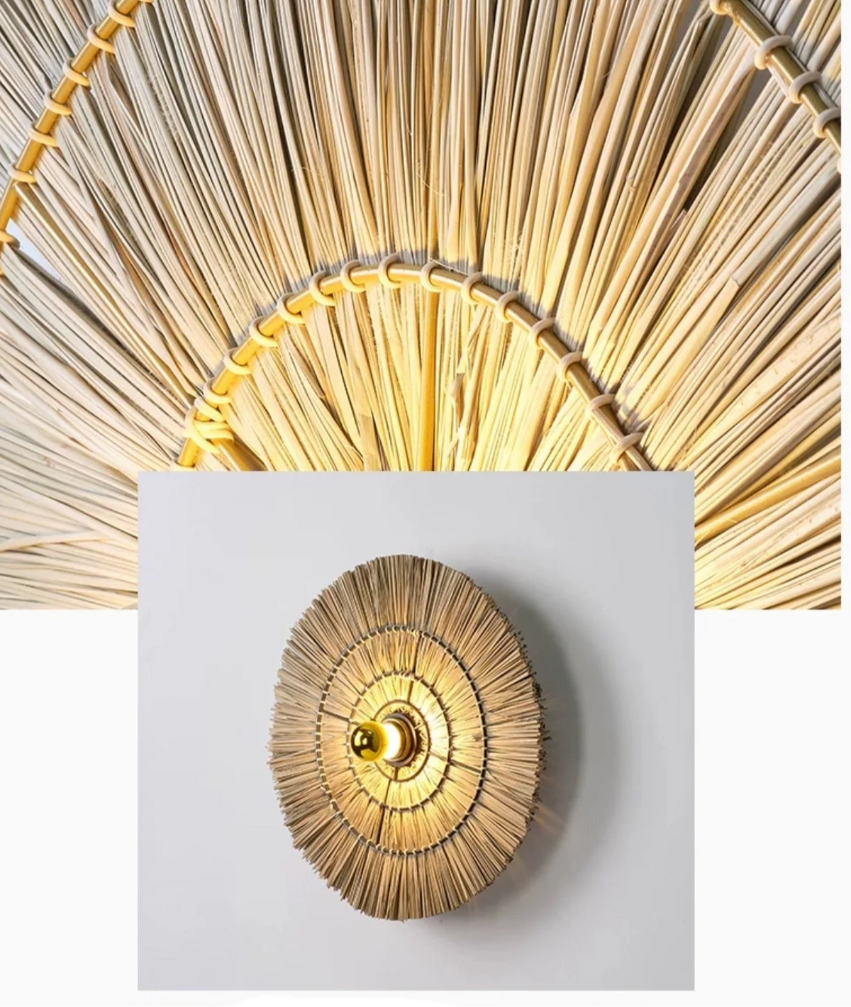 Handwoven Woven Sconce Light Fixture – Natural Brown Rattan Wall Mount for Bedroom, Hallway, or Living Space – 16", 24", or 32" Circular Sha
