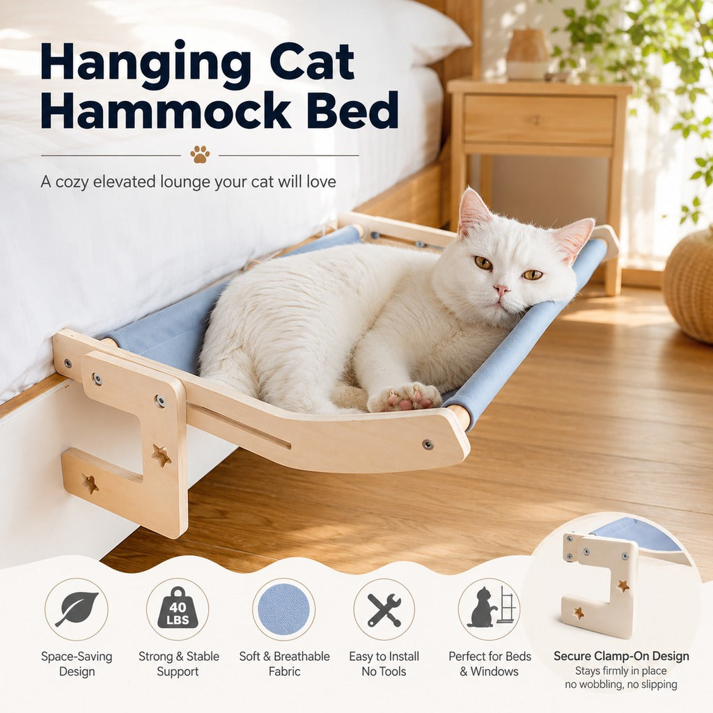 Ortekor Bedside Hanging Cat Hammock Bed - Space-Saving Elevated Cat Lounge for Beds, Sofas & Windows