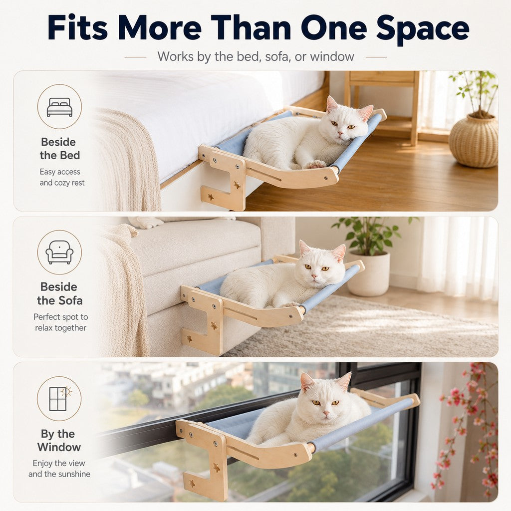 Ortekor Bedside Hanging Cat Hammock Bed - Space-Saving Elevated Cat Lounge for Beds, Sofas & Windows