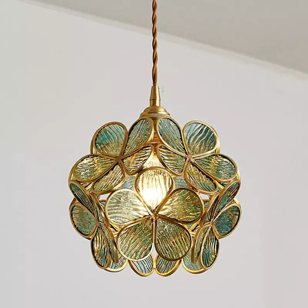 Floral Glass Hanging Light Fixture with Adjustable 59-Inch Cord E27 Socket Gold Brass Frame for Kitchen Table Bedroom Living Room Vintage-St