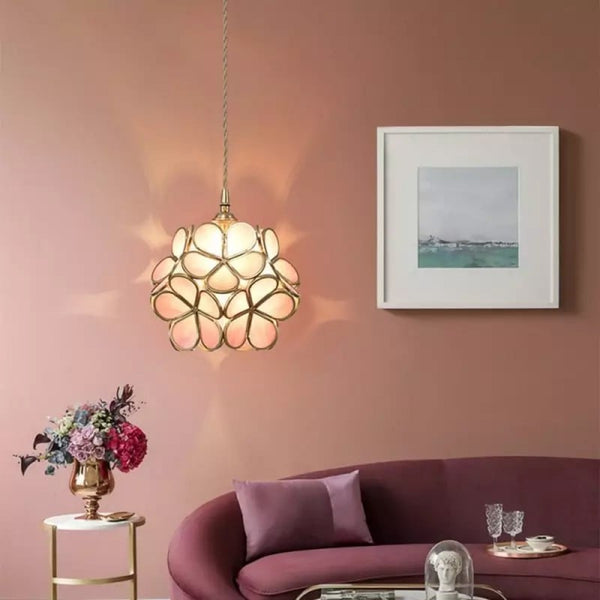 Floral Glass Hanging Light Fixture with Adjustable 59-Inch Cord E27 Socket Gold Brass Frame for Kitchen Table Bedroom Living Room Vintage-St