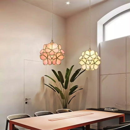 Floral Glass Hanging Light Fixture with Adjustable 59-Inch Cord E27 Socket Gold Brass Frame for Kitchen Table Bedroom Living Room Vintage-St