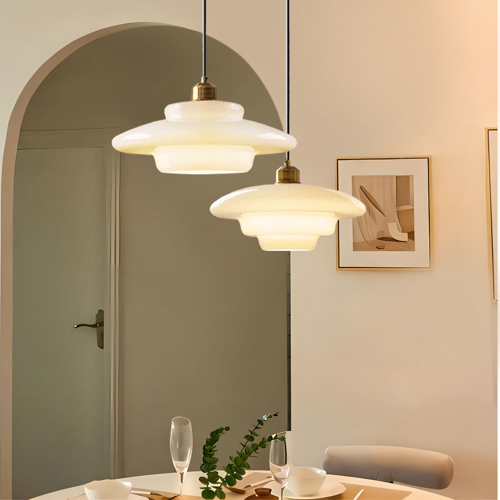 White Glass Hanging Ceiling Fixture 12.6 in Adjustable Cord Modern Island Light for Kitchen Dining Room Bedroom Foyer E27 Base Art Deco Styl