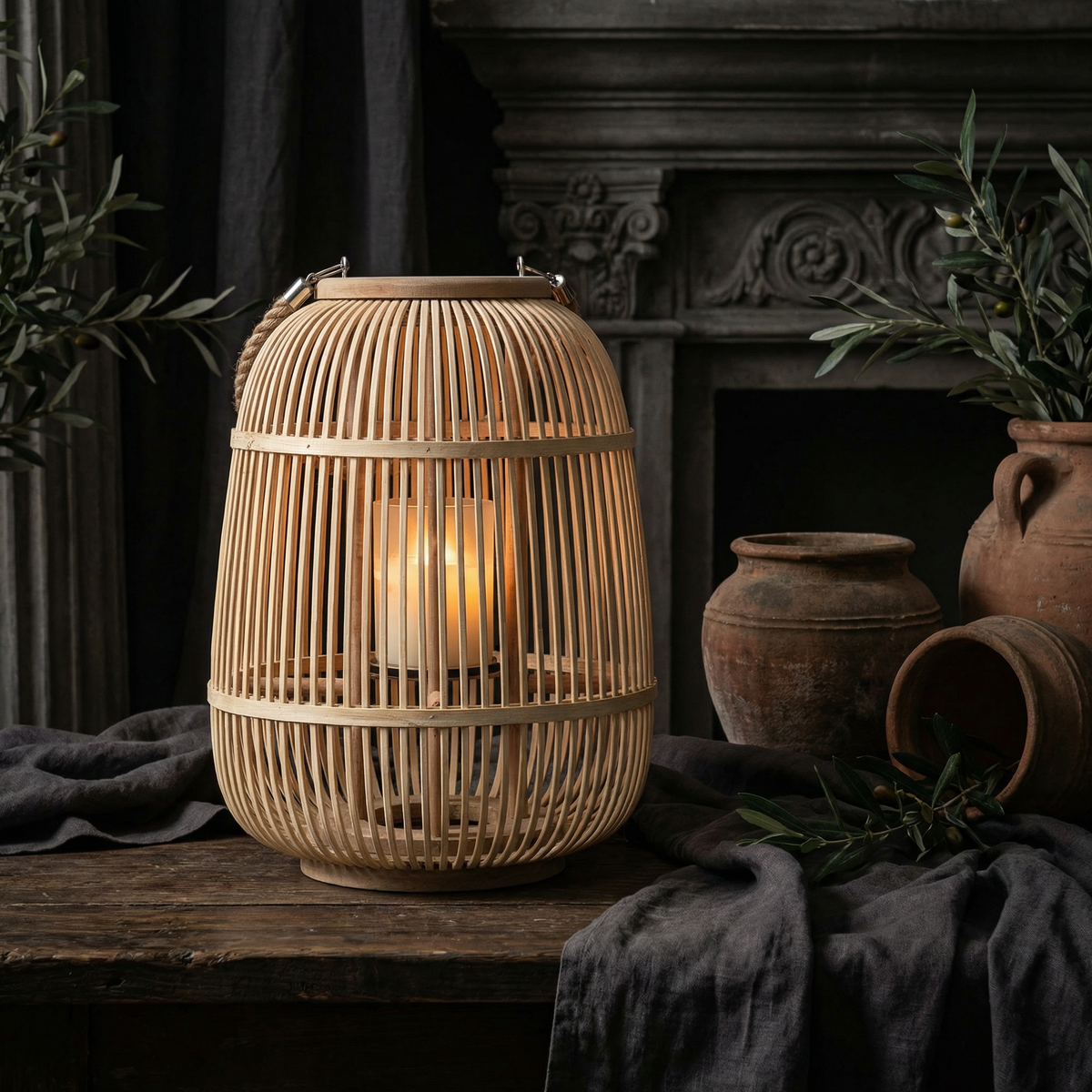Battery-Operated Woven Lantern with LED Flameless Candle for Patio Gardens Tabletop Hanging Decor Cordless Indoor Outdoor Accent Light
