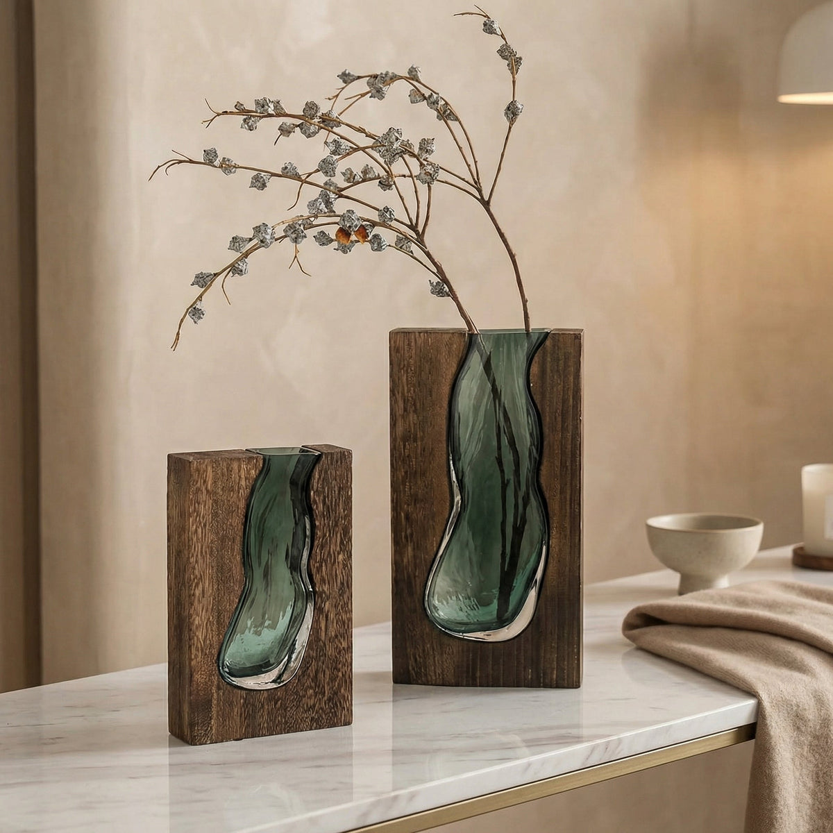 Crystal Glass Flower Vase with Organic Wood-Style Edge for Dining Room & Console Tables | Rustic Sculptural Accent