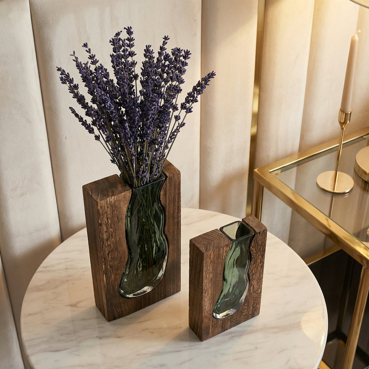 Crystal Glass Flower Vase with Organic Wood-Style Edge for Dining Room & Console Tables | Rustic Sculptural Accent