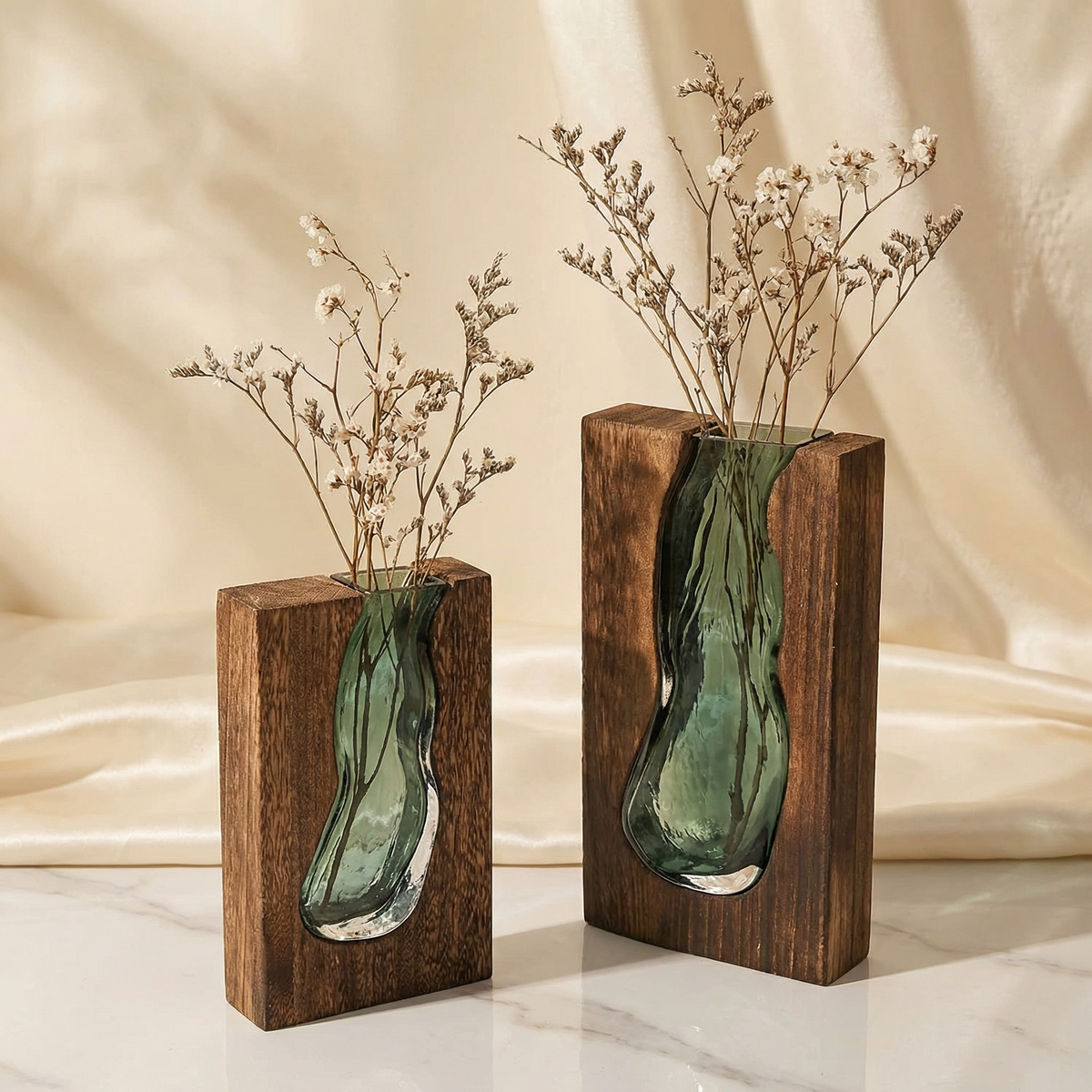 Crystal Glass Flower Vase with Organic Wood-Style Edge for Dining Room & Console Tables | Rustic Sculptural Accent