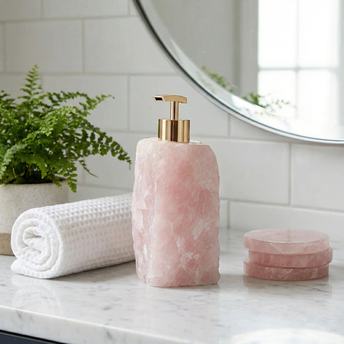 Gemstone Pump Bottle 6 Inches Tall Genuine Crystal Countertop Accent Powder Room Accessory Artisan Made Stone Dispenser for Liquid Hand Wash