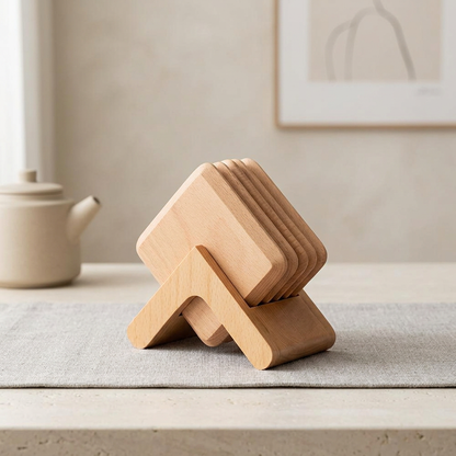 Wesley Coaster Set - Black Walnut and Beech, 6 Pieces with Holder