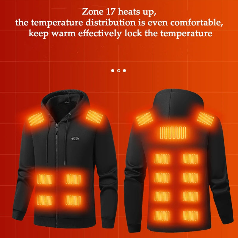 Electric Heated Hoodie with 17 Heating Zones & Dual Temperature Controls for Winter Warmth