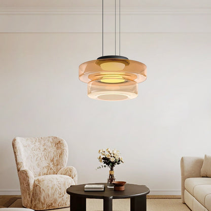 Tiered Glass Hanging Fixture 18 in Amber with Integrated LED for Island Kitchens Dining Areas Living Spaces Modern Minimalist Bauhaus-Inspir