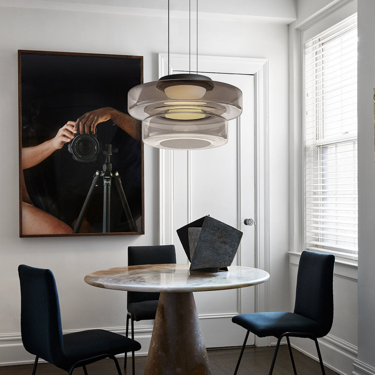 Layered Glass Dome Hanging Lamp 18 in Smoky Gray LED for Kitchen Island Dining Room Ceiling Fixture Adjustable Cord Modern Minimalist Style