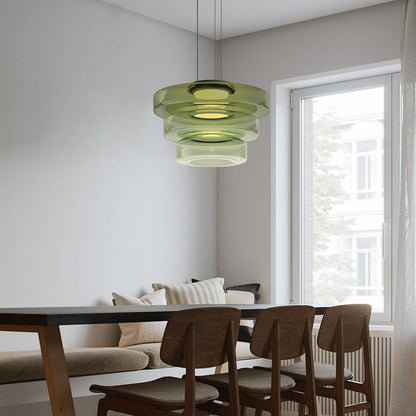 Geometric Tiered Glass Overhead Fixture 12W LED Ambient Lighting Dining Kitchen Island Adjustable Suspension Cord Architectural Style