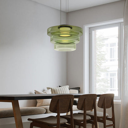 Tiered Glass Hanging Fixture 12 in Amber for Dining Tables Kitchen Islands Contemporary Statement Overhead Illumination