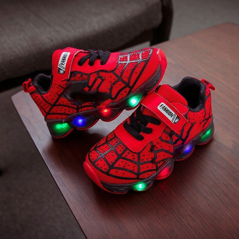 Light-Up Kids Sneakers with LED Soles – Hero-Themed Athletic Shoes for Boys & Girls, Hook-and-Loop Closure, Multi-Color Flashing Lights