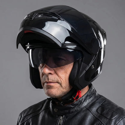 Casco de moto modular | Diseño de doble visor en negro brillante para una mayor visibilidad y comodidad
