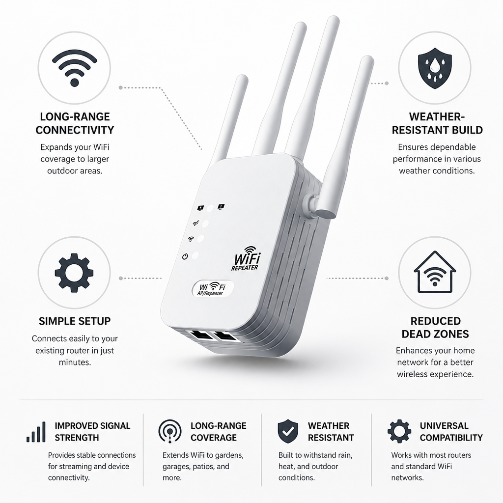 Extensor WiFi para exteriores | Conectividad de largo alcance con diseño resistente a la intemperie | Ideal para streaming en jardines y patios