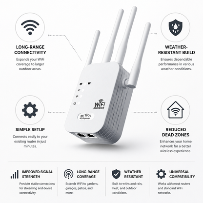 Extensor WiFi para exteriores | Conectividad de largo alcance con diseño resistente a la intemperie | Ideal para streaming en jardines y patios