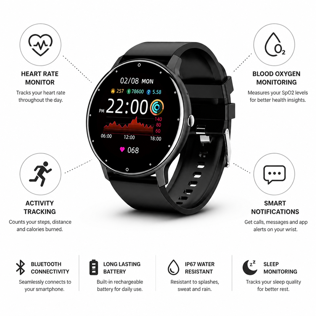 Heart Rate & Blood Oxygen Bluetooth-Enabled Fitness Watch