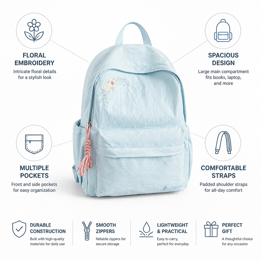 Mochila escolar con bordado floral y múltiples bolsillos