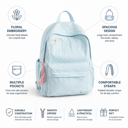 Mochila escolar con bordado floral y múltiples bolsillos